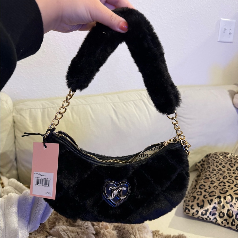 Juicy Couture Black Fluffy Faux Fur Handbag with Gold